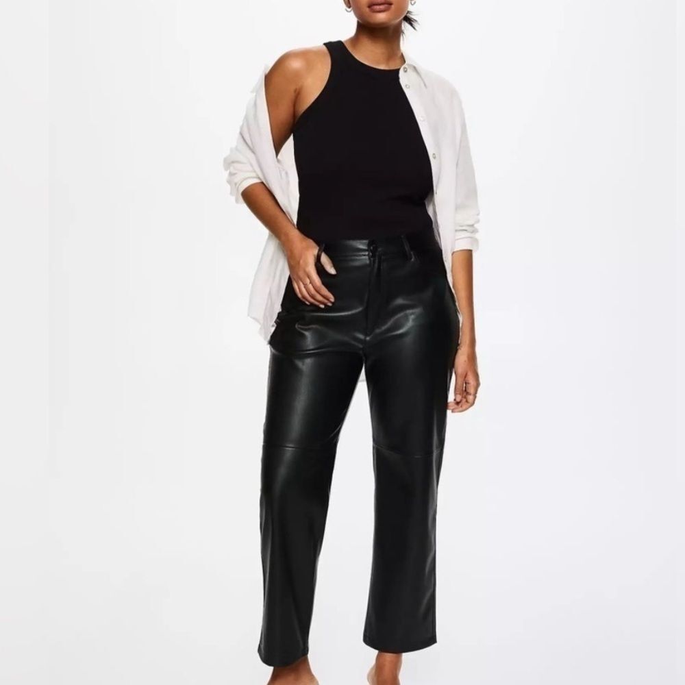 Mango MNG Lille Black Vegan Faux Leather Seamed Straight Leg Trouser Pants Sz 4
